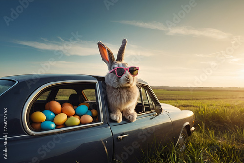 Cute Easter Bunny with sunglasses looking out of a car filed with easter eggs