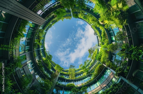 Inside view of ecofriendly city building with trees emerging from walls, showcasing green architecture concept.