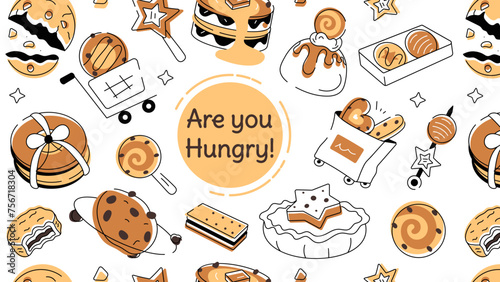 Doodle style cookie pattern depicting various types of bakery food and confectionery items 