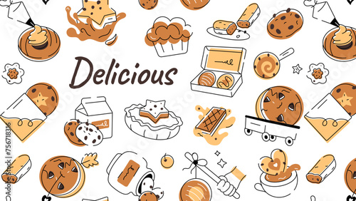 Doodle style cookie pattern depicting various types of bakery food and confectionery items 