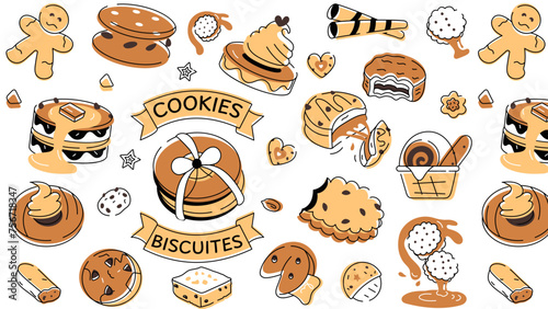 Doodle style cookie pattern depicting various types of bakery food and confectionery items 