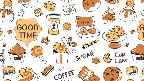 Doodle style cookie pattern depicting various types of bakery food and confectionery items 
