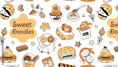 Doodle style cookie pattern depicting various types of bakery food and confectionery items 