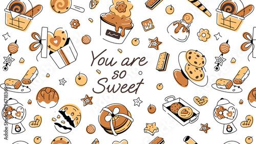 Doodle style cookie pattern depicting various types of bakery food and confectionery items 
