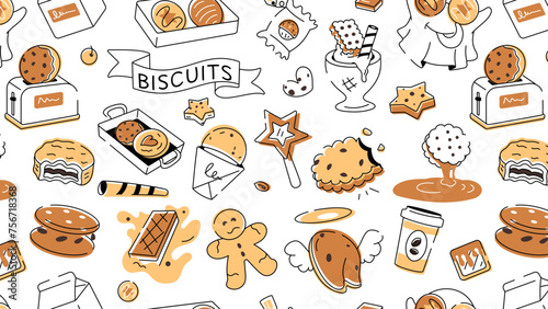 Doodle style cookie pattern depicting various types of bakery food and confectionery items 