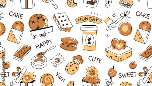 Doodle style cookie pattern depicting various types of bakery food and confectionery items 