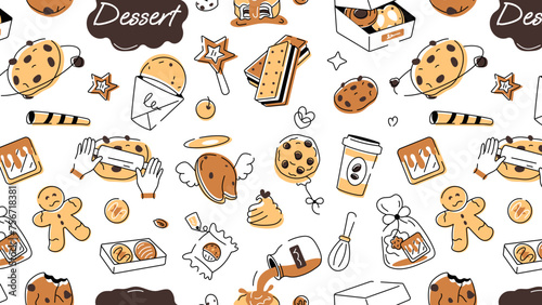 Doodle style cookie pattern depicting various types of bakery food and confectionery items 