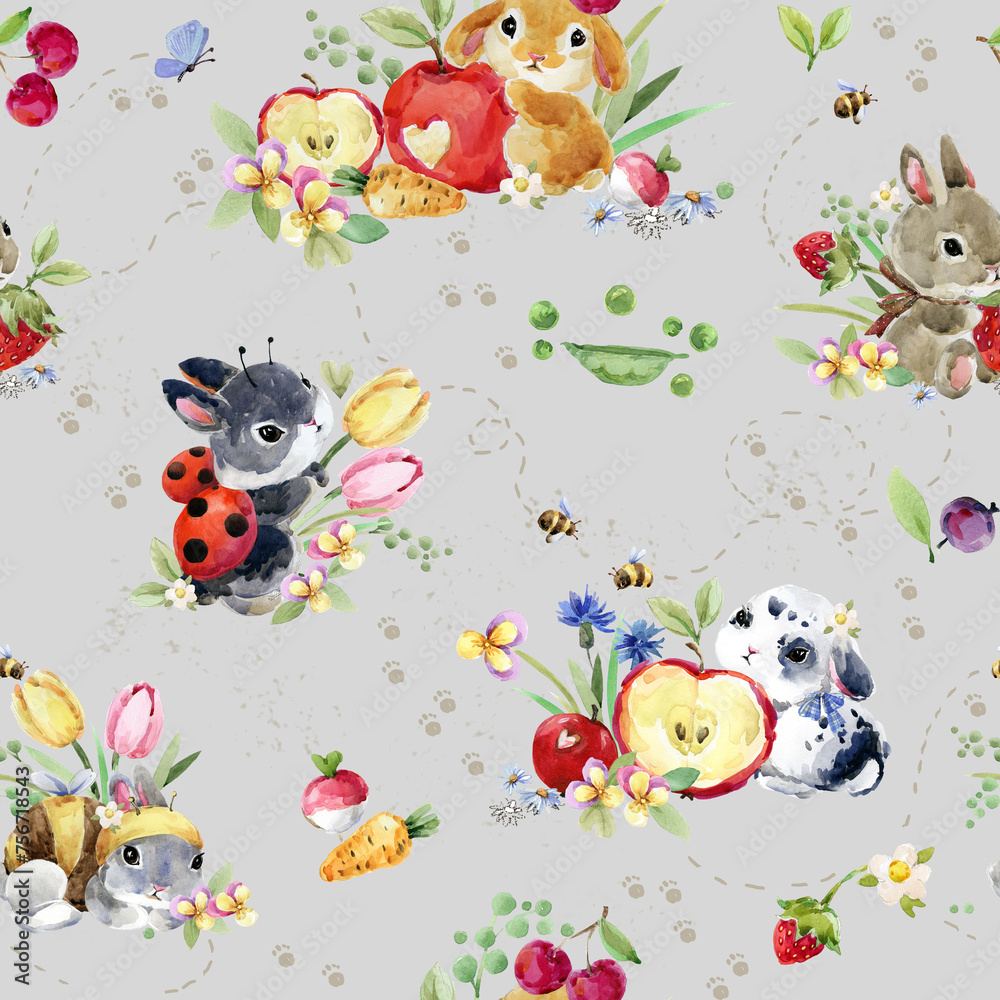 Watercolor seamless pattern with cute white rabbits and leaves. Wild ...