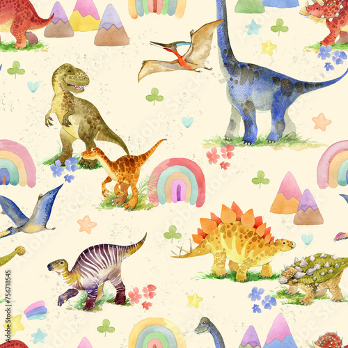 Hand drawn seamless pattern with dinosaurs and floral elements. Cute watercolor illustration design. Perfect for kids fabric, textile, nursery wallpaper. (ID: 756718545)
