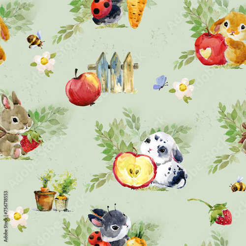 Watercolor seamless pattern with cute white rabbits and leaves. Wild animals, flowers. Hand-drawn adorable hare, branch, plants. Springtime background