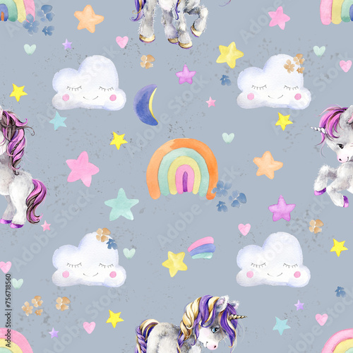 Colorful Unicorn pastel rainbow and clouds on blue sky watercolor seamless pattern. (ID: 756718560)
