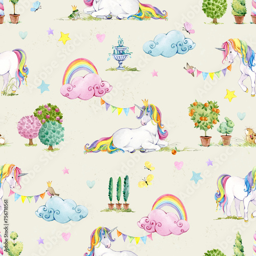 Colorful Unicorn pastel rainbow and clouds on blue sky watercolor seamless pattern. (ID: 756718561)