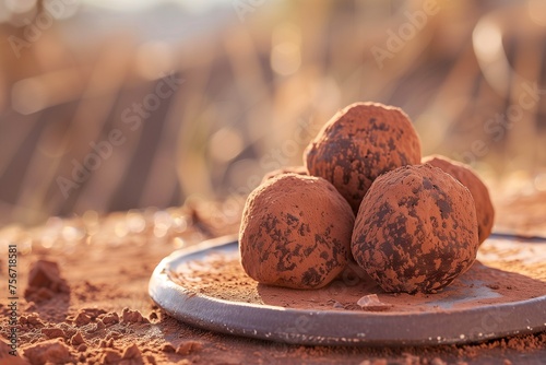 Organic vegan chocolate truffles, delicately dusted with fair-trade cocoa powder, embodying Earth Day's celebration of ethical and sustainable indulgence.