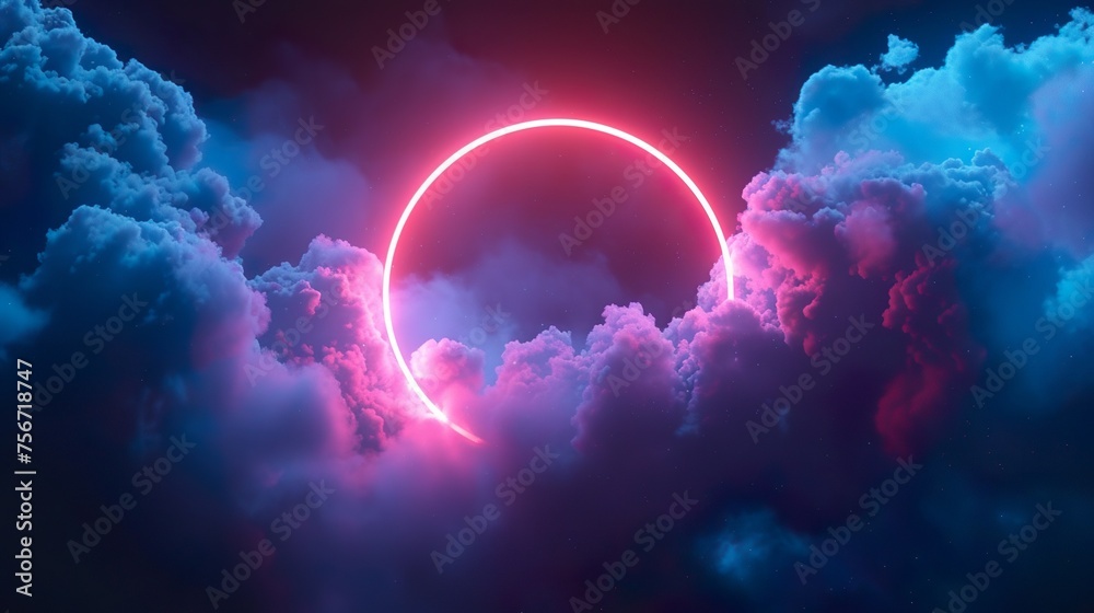 Obraz premium 3d render, abstract cloud illuminated with neon light ring on dark night sky. Glowing geometric shape, round frame