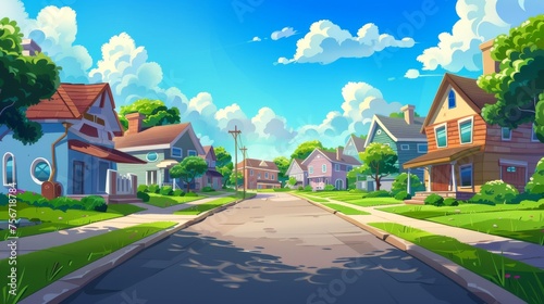 This cartoon modern illustration of town scenery shows two houses in a row on a street with green grass on yards, a road, and driveways. There are blue skies with clouds in the background.