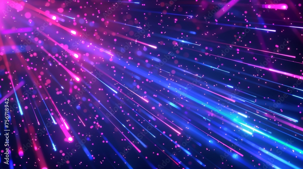 Blue and purple streaks of data network or energy flow. Realistic modern illustration of modern technology particle with fast luminous movement.