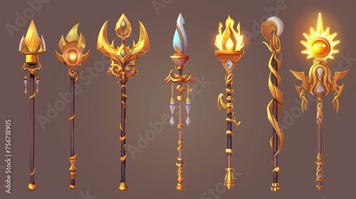 UI design for fantasy scepter with golden metal. Cartoony modern illustration of wizard and magician fantastic weapon design. Sorcerer enchantment stuff for role-playing games.