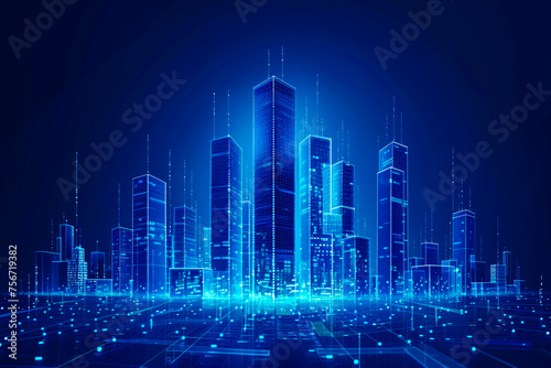 blue digital city background  glowing cityscape in cyberspace