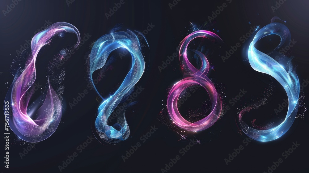 Modern illustration of neon light waves and infinity sign, magic sparkling particles, clean laundry aroma trail, fresh frosty air in winter. Modern illustration of neon light waves and infinity sign, magic sparkling particles, clean laundry aroma trail, fresh frosty air in winter.