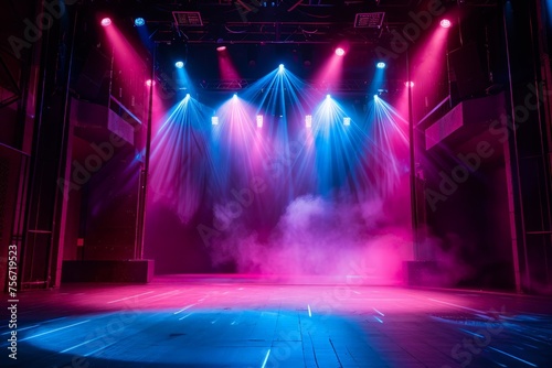 A stage with various lights  including spotlights  illuminated for a modern dance production.