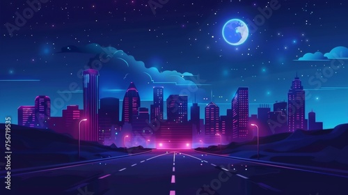 Modern skyscrapers on the horizon with neon windows  streets lit along the road and high rise buildings. Modern illustration of a dark city with neon windows  high rise buildings and clouds in the
