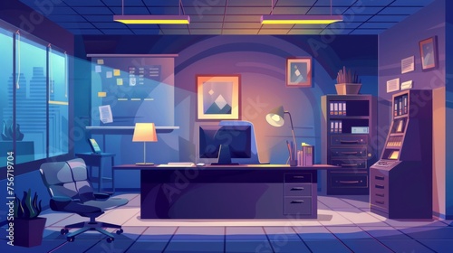 Bank office interior in the dark at night. Cartoon modern illustration of a room for client service with a computer and lamp on the manager's table, a cash register with glass wall, and a cabinet