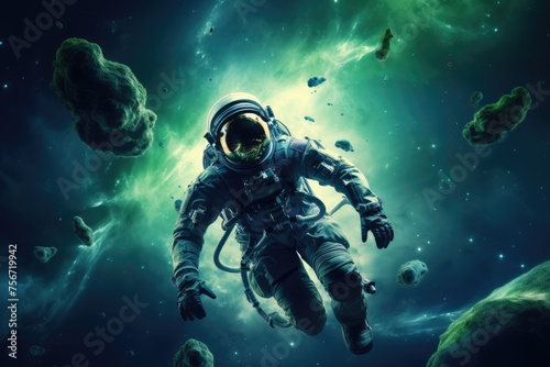 Astronaut in space blue and green earth atmosphere on the background, astronaut flying on space, Astronaut in space blue and green earth atmosphare on the background, Ai generated © Tanu