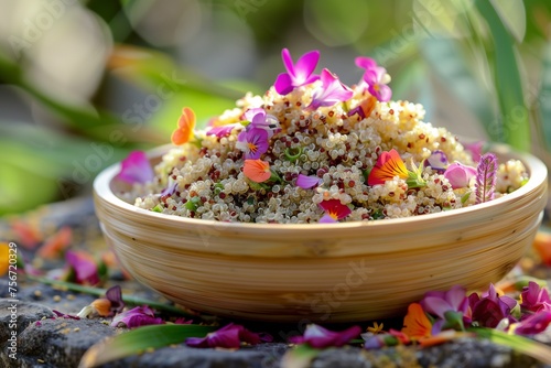Quinoa Salad with Edible Flowers for Earth Day     Visualize a vibrant quinoa salad  bursting with the colors of edible flowers and served in a biodegradable bamboo bowl.