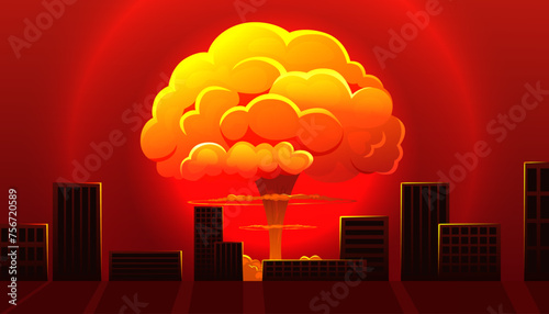 Atomic bomb in city. Symbol of nuclear war. Nuclear explosion. Huge mushroom cloud