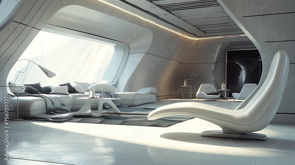 A futuristic spaceship interior with glowing control panels and futuristic seating.