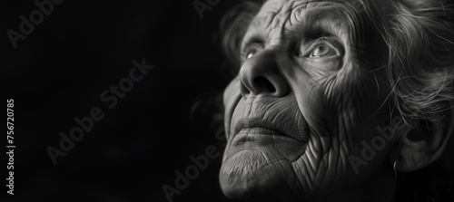black and white portrait of a wise old woman with copy space