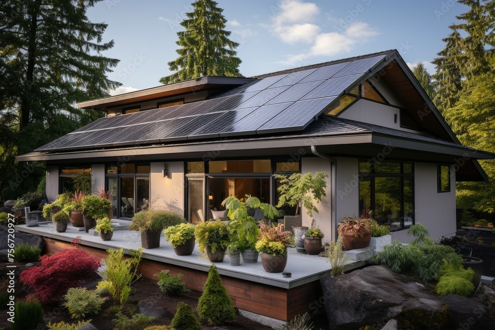 New suburban passive house with photovoltaic system and solar panels on gable roof