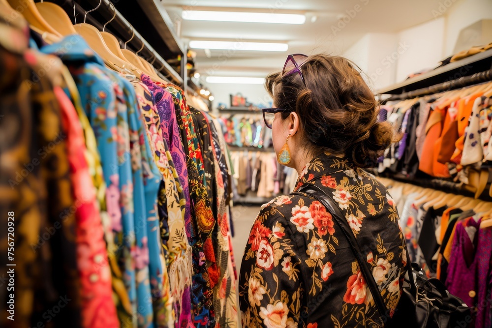 Woman browsing through a colorful selection of clothes in a fashionable boutique clothing store.