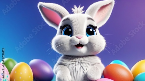  cute and funny cartoon easter bunny with easter eggs in the background