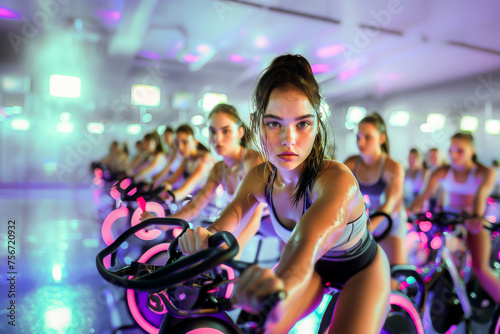 Focused young women participating in an intense indoor spinning class with neon LED lights at a modern gym.