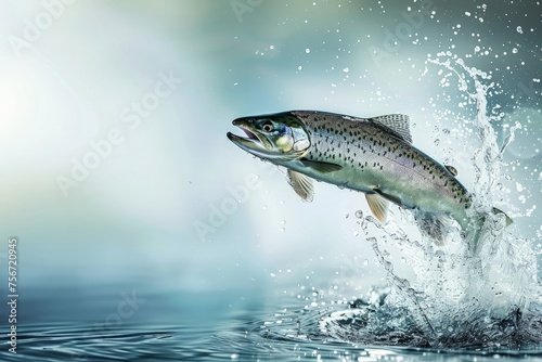 A rainbow trout leaps out of the water, creating a splash as it catches bait in mid-air.