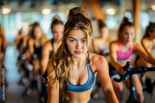 Young athletic woman focused during a spinning class in a gym, exercising with a group for a healthy lifestyle. © apratim