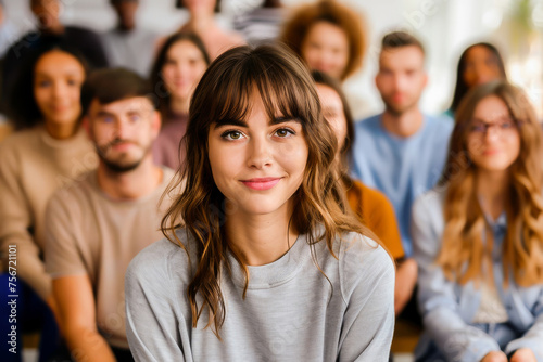 A smiling young woman in a casual grey top, standing out in a diverse group of people.