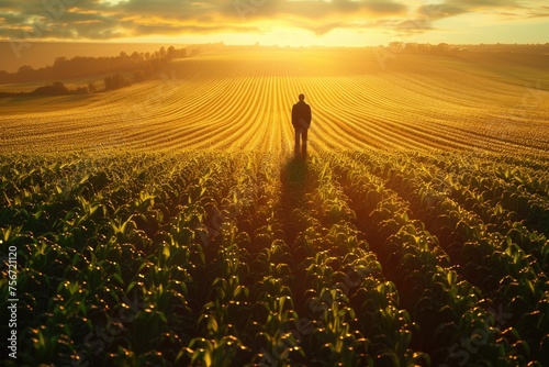 Farmer Overlooking a Vast Crop Field at Sunset