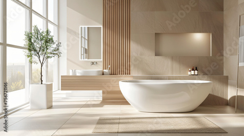 Luxury in Simplicity: Expansive and Minimalistic Modern Bathroom with a Warm Palette for a Tranquil Retreat