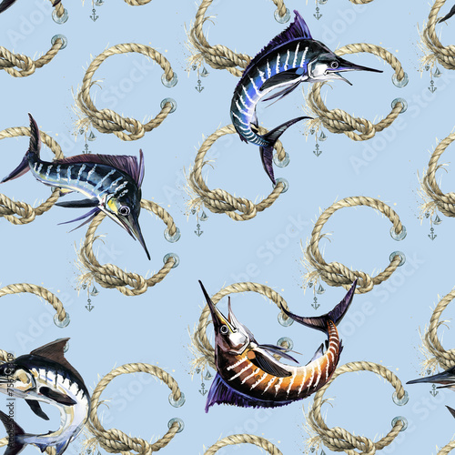 Watercolor seamless pattern with underwater fish marlin