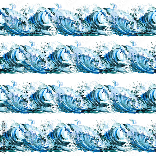 Watercolor sea. Seamless pattern. Horizontal Blue waves in the ocean. Drawn pattern of ocean waves © Елена Фаенкова