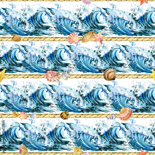 Watercolor sea. Seamless pattern. Horizontal Blue waves in the ocean. Drawn pattern of ocean waves