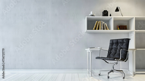 Modern Office Space with Stylish White Chair, Wooden Desk, and Bright Light for a Clean, Professional Environment