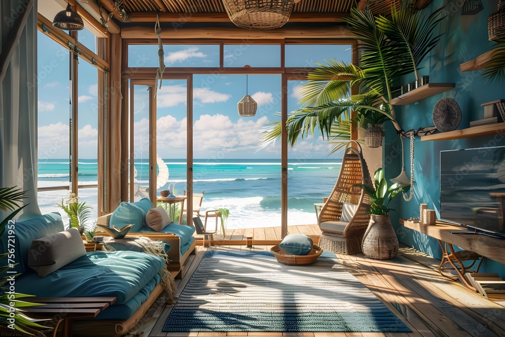 a beachfront bungalow, blending natural elements with a touch of vibrant coastal colors, capturing the allure of a seaside paradise in 16k cinematic perfection.
