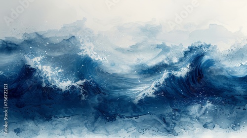 A blue, black, and white brush stroke texture with Japanese ocean wave pattern in vintage style. Abstract art landscape banner design with watercolor texture modern.