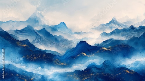 Modern abstract art landscape banner with watercolor texture modern of blue brush strokes.