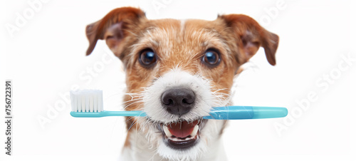 In front of a white background, a cute dog holds a toothbrush in its mouth, its expression cheerful and endearing