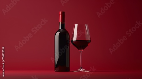 bottle and glass of red wine on a red background, copy space, 16:9