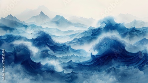Watercolor texture modern with blue brushstroke pattern of Japanese ocean waves. Abstract art landscape banner design. Marine theme.